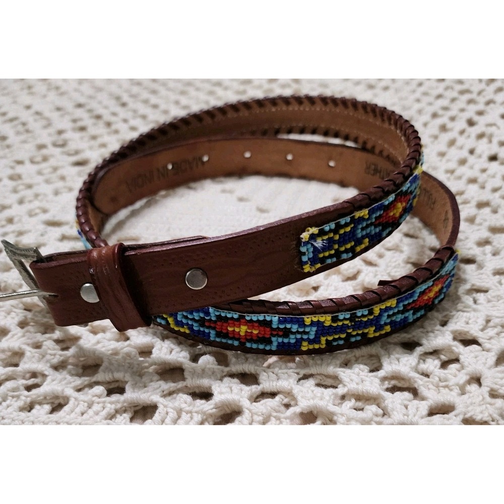 Handmade Beaded Genuine Belt Made In India Size 38 Boho Hippie Western